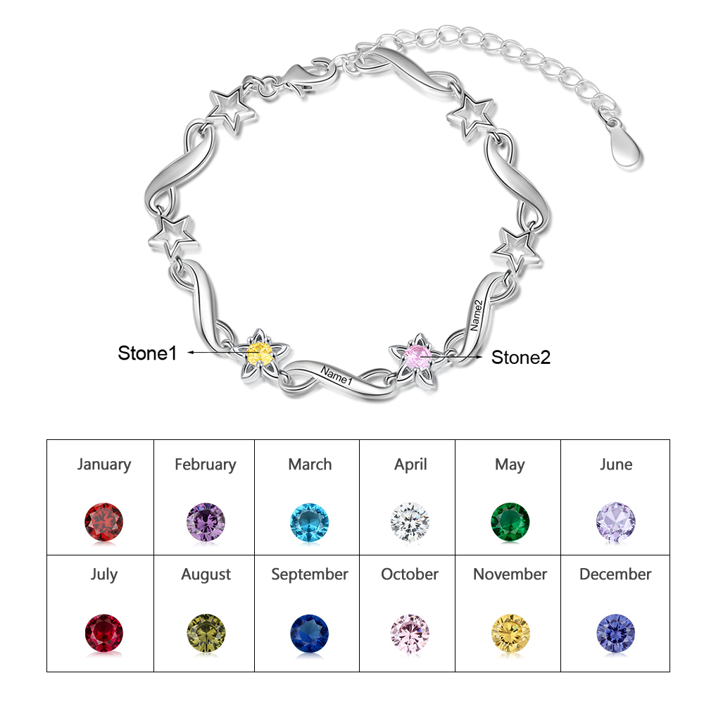 Personalized Star Bracelet With Birthstones Engraved Names Bracelet Gift For Women