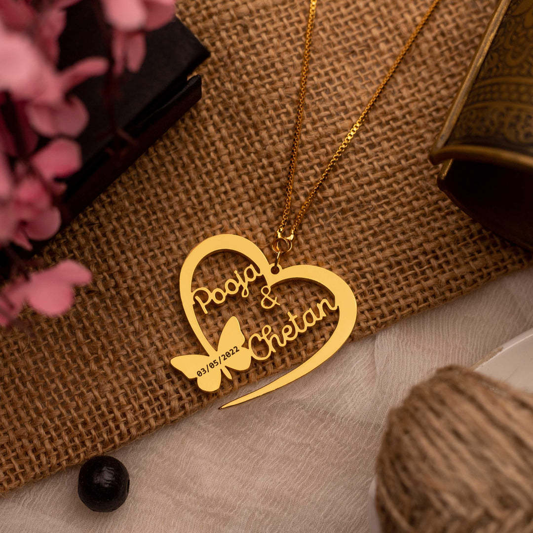 Butterfly Heart Style Couple Name Necklace