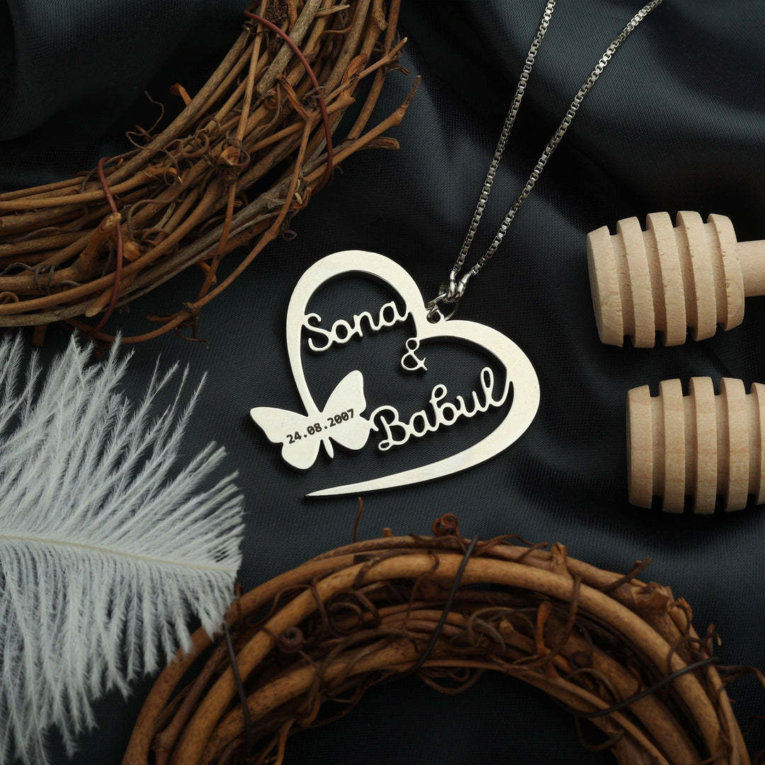 Butterfly Heart Style Couple Name Necklace