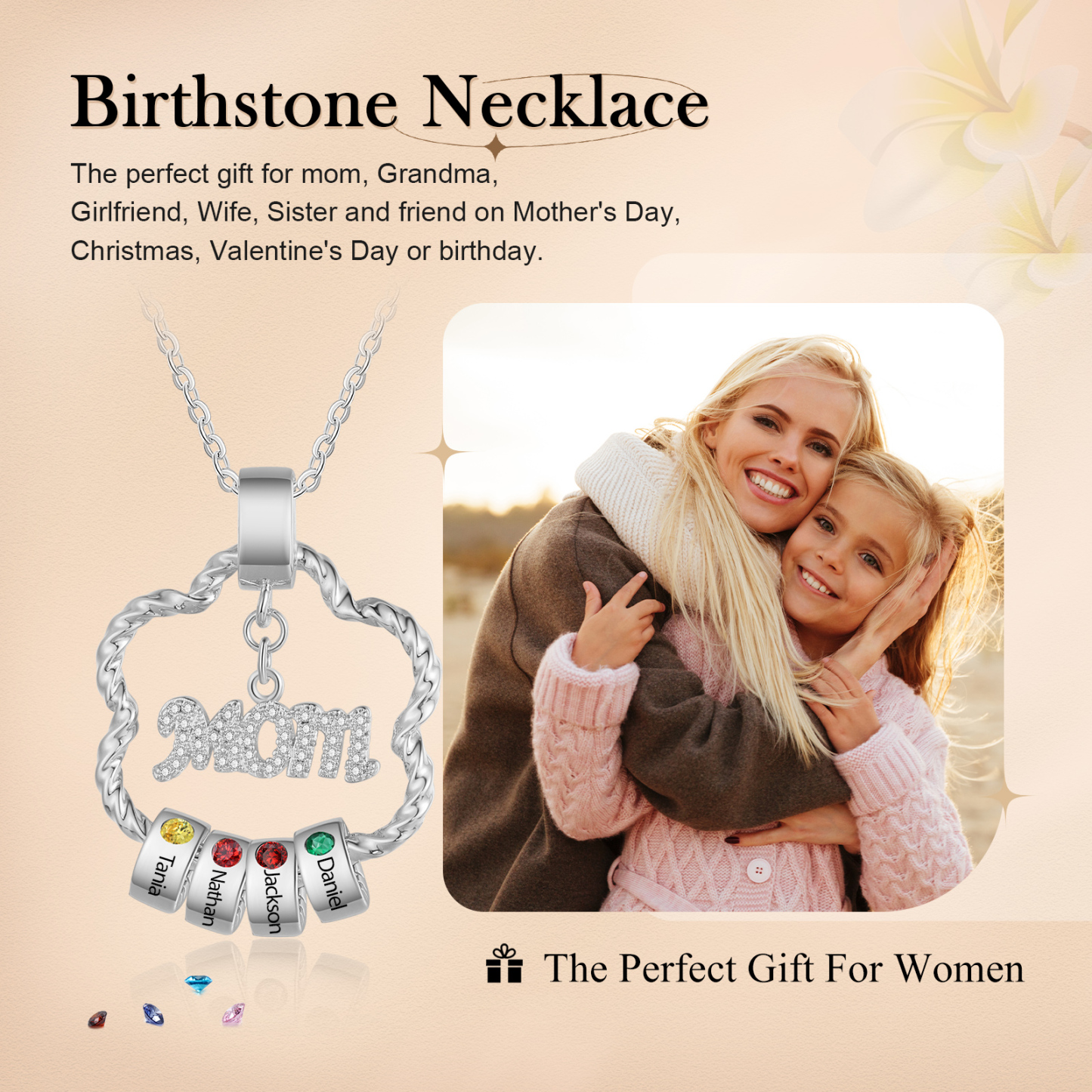 Personalized Flower Necklace With Birthstone Pendants Engraved