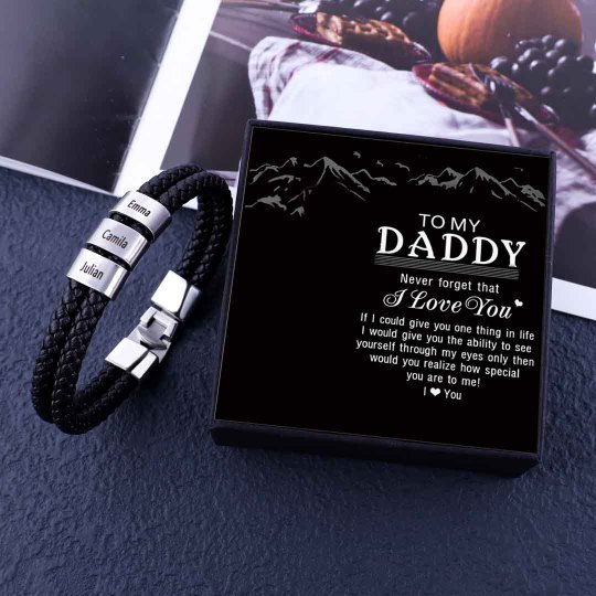 Men Leather Bracelet with Engraved Beads Custom Two Layers Bracelet Black