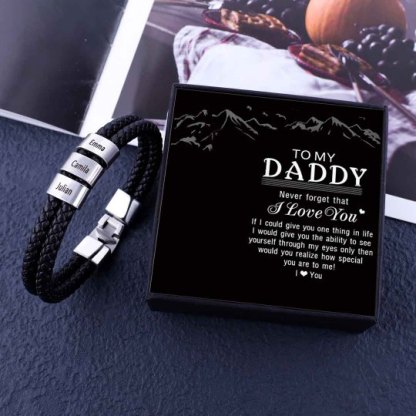 Men Leather Bracelet with Engraved Beads Custom Two Layers Bracelet Black
