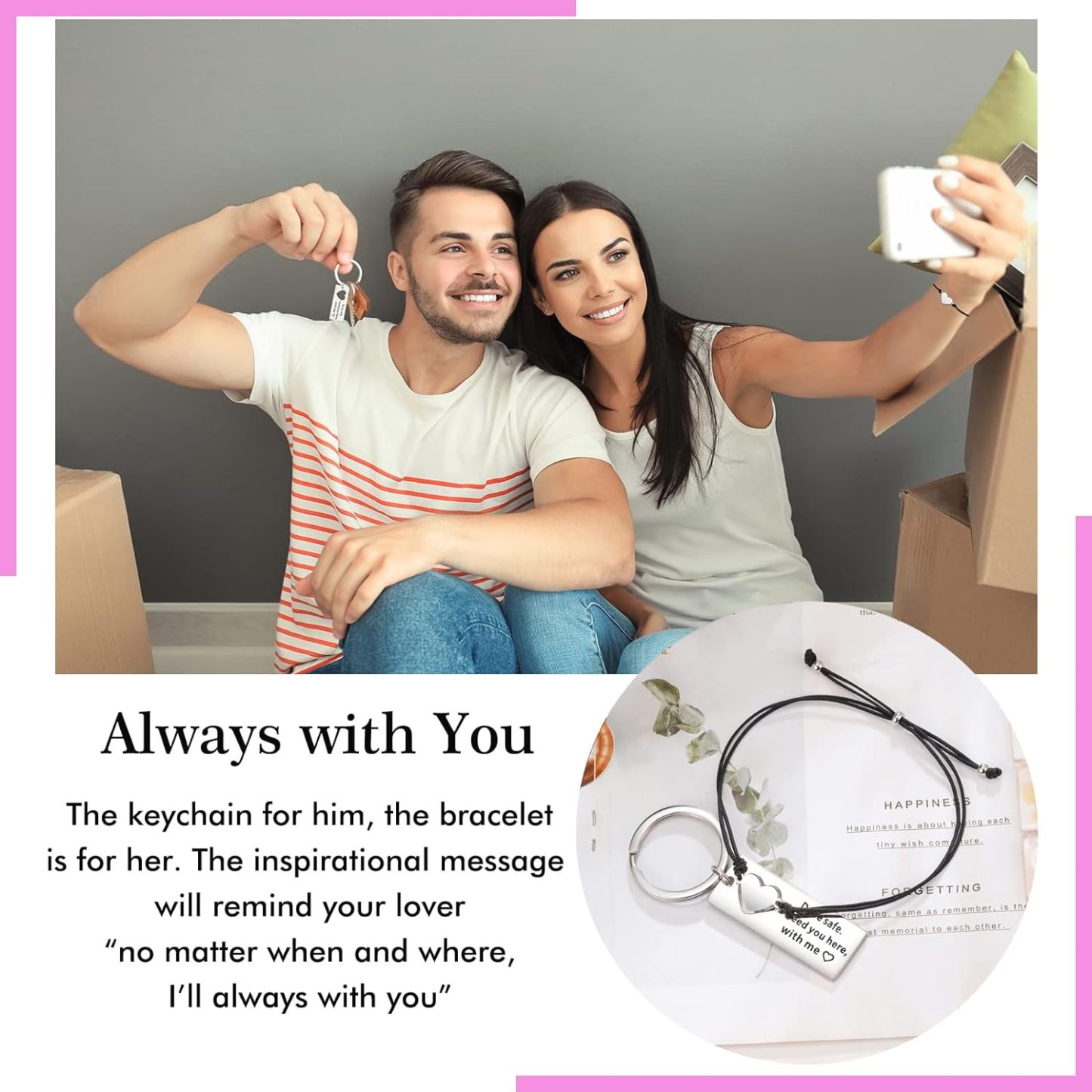 Matching Keychain Bracelet Set Heart Keychain Adjustable Bracelet Gifts for Couple