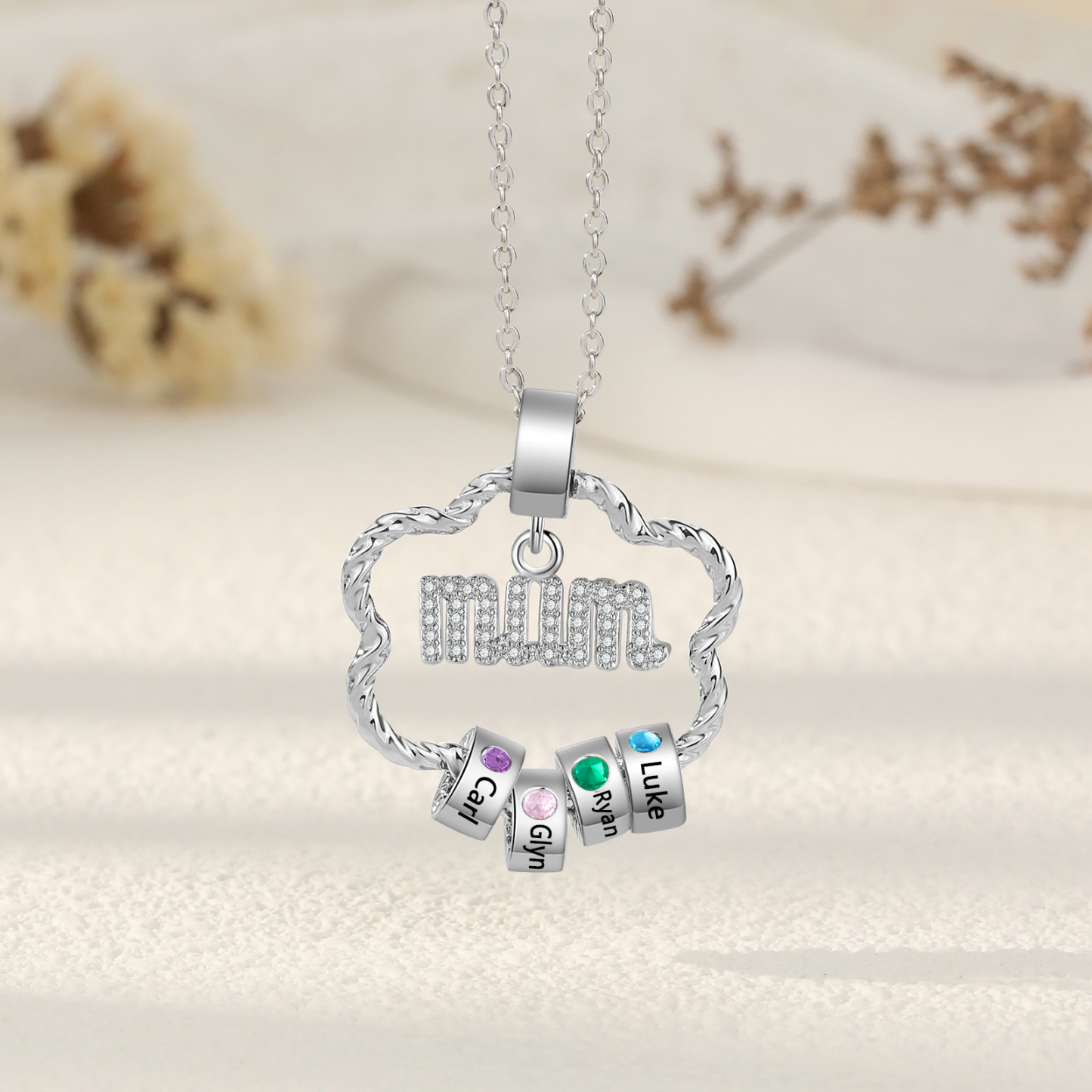 Personalized Flower Necklace With Birthstone Pendants Engraved
