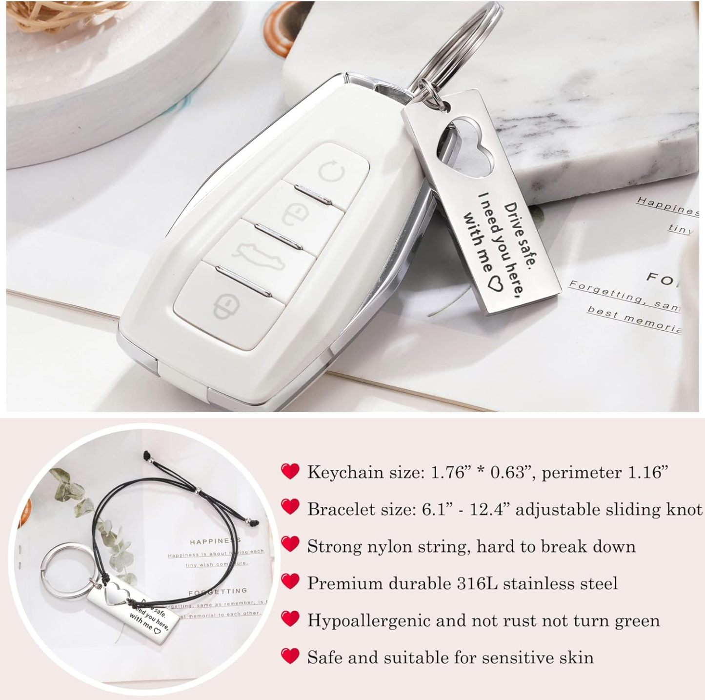 Matching Keychain Bracelet Set Heart Keychain Adjustable Bracelet Gifts for Couple