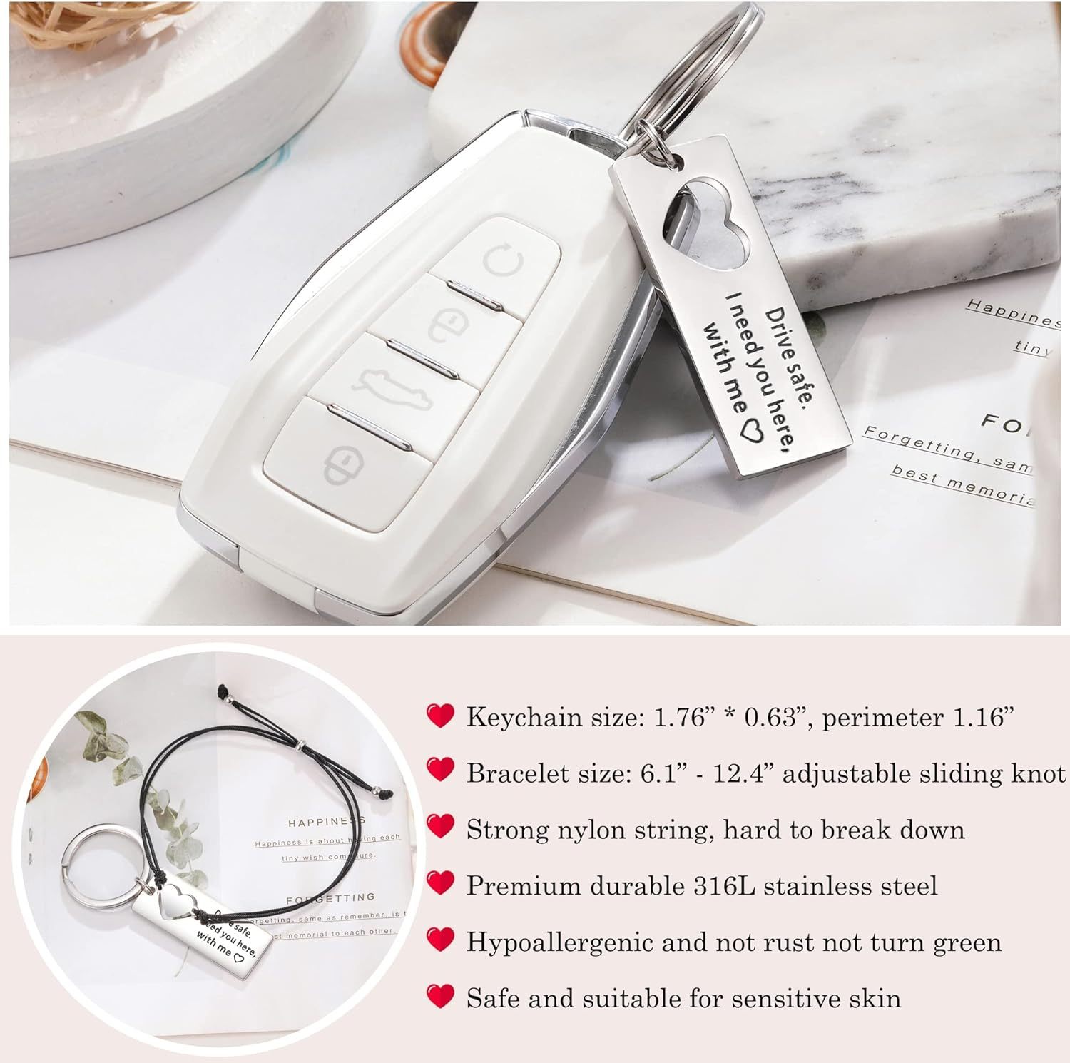 Matching Keychain Bracelet Set Heart Keychain Adjustable Bracelet Gifts for Couple