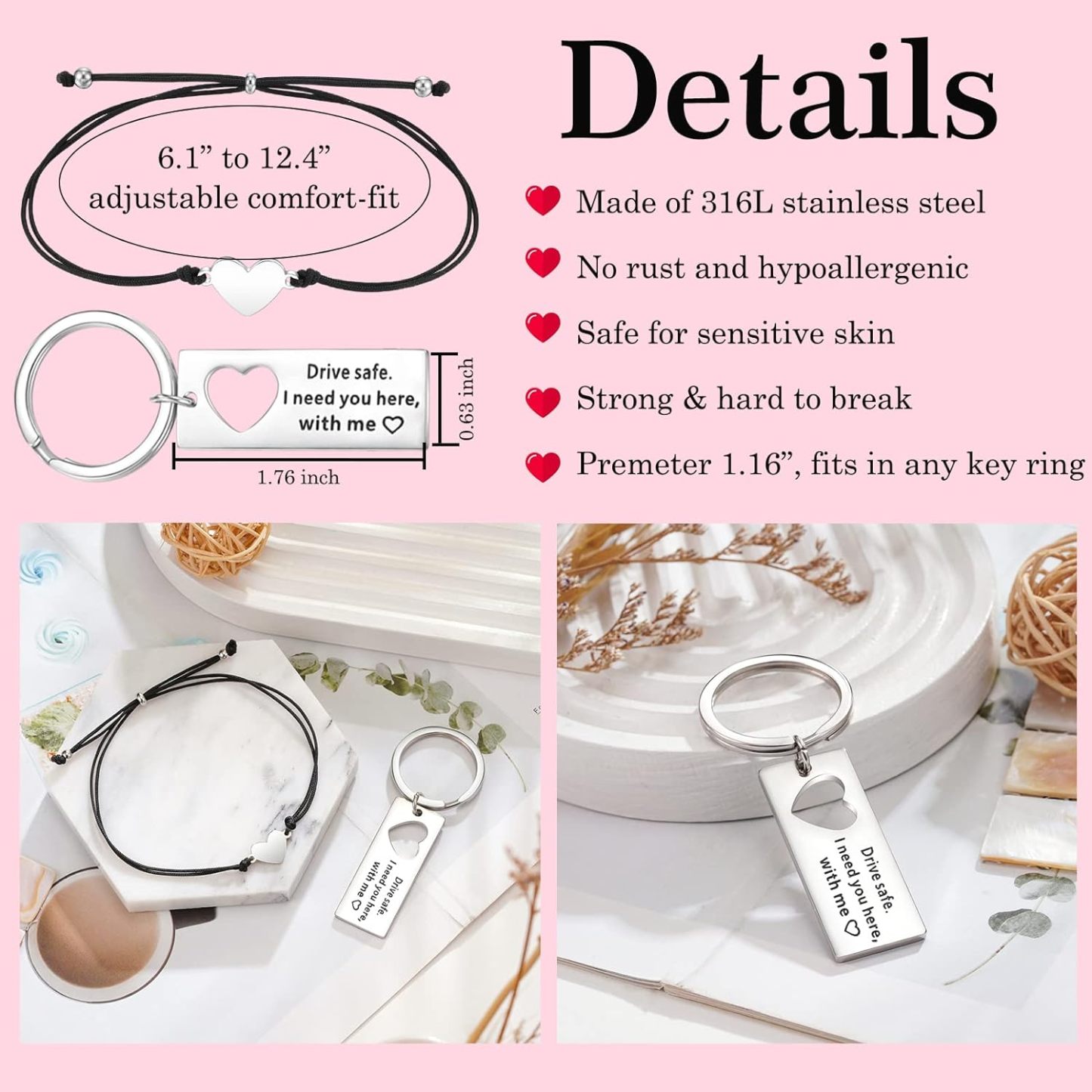 Matching Keychain Bracelet Set Heart Keychain Adjustable Bracelet Gifts for Couple