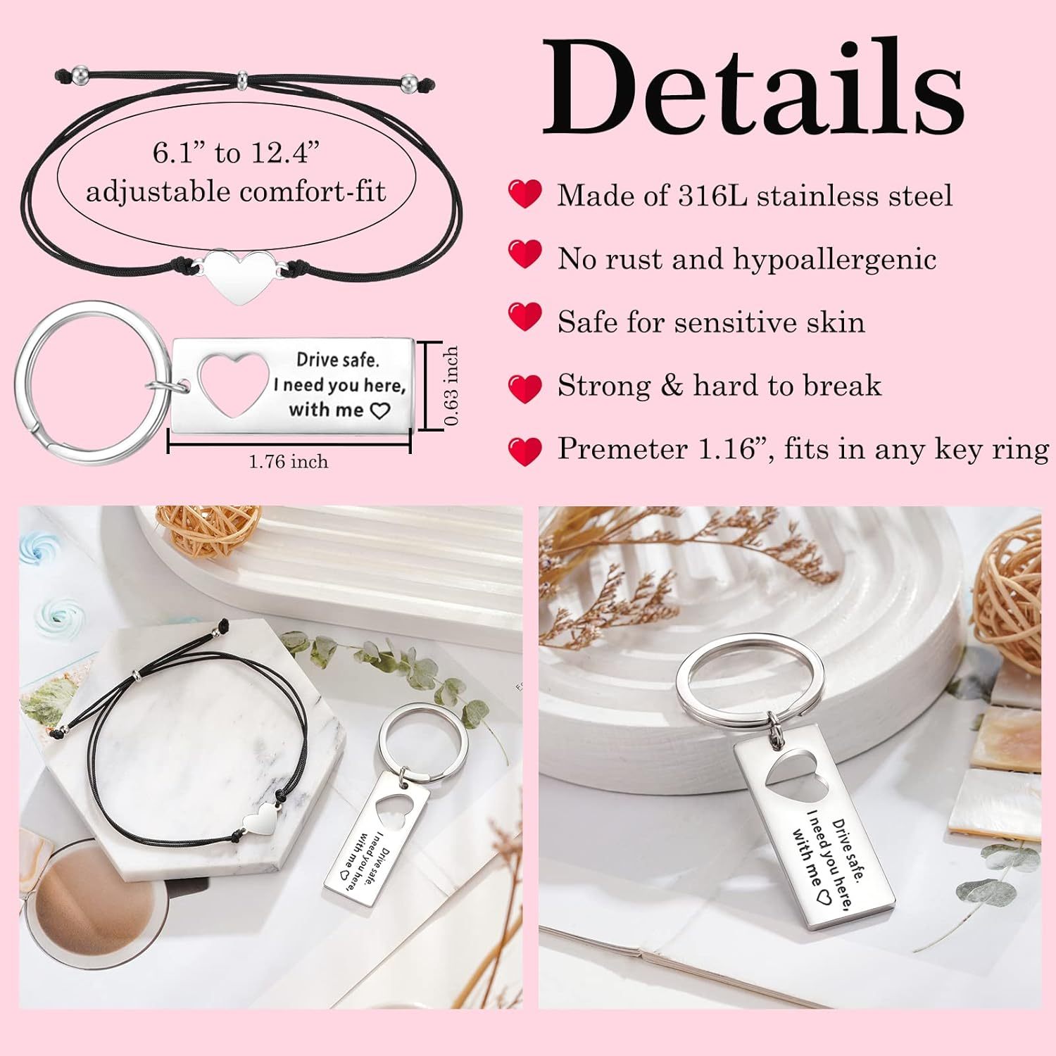 Matching Keychain Bracelet Set Heart Keychain Adjustable Bracelet Gifts for Couple