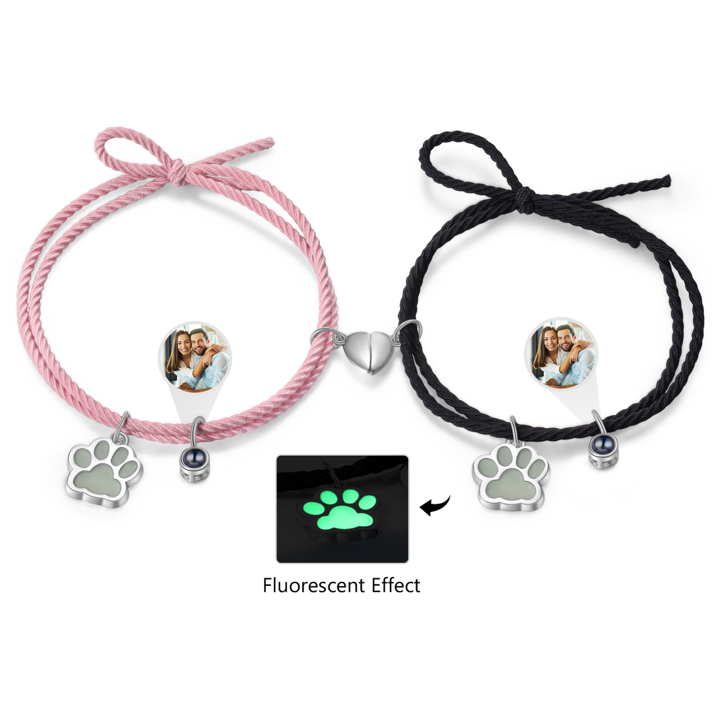 Personalized Photo Projection Bracelet Set Dog Paw Fluorescent Magnetic Bracelet Matching Gifts For Couples/Friends