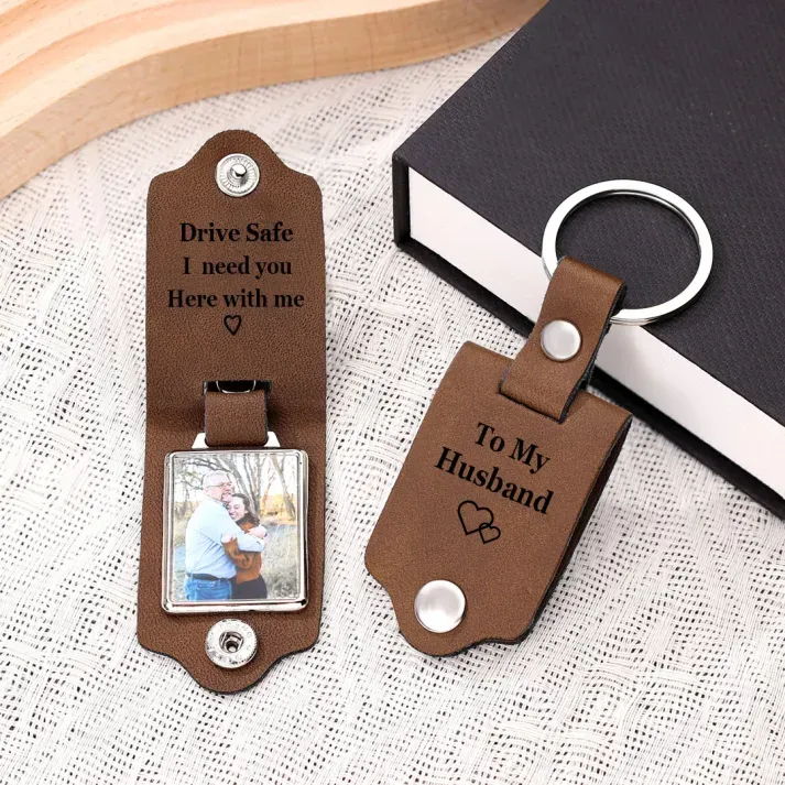 Personalized Photo Keychain Custom 2 Text and 1 Photo Leather Keychain