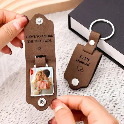 Personalized Photo Keychain Custom 2 Text and 1 Photo Leather Keychain