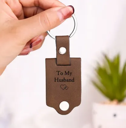 Personalized Photo Keychain Custom 2 Text and 1 Photo Leather Keychain