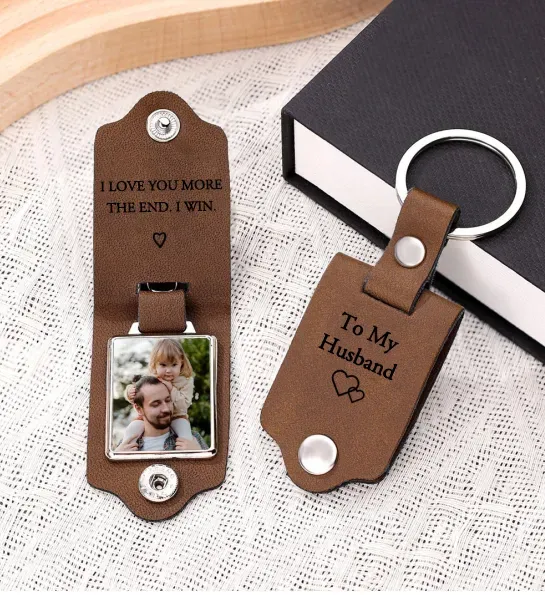 Personalized Photo Keychain Custom 2 Text and 1 Photo Leather Keychain
