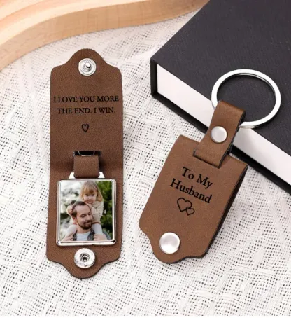Personalized Photo Keychain Custom 2 Text and 1 Photo Leather Keychain