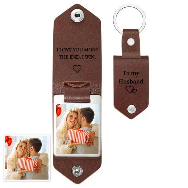 Personalized Photo Keychain Custom 2 Text and 1 Photo Leather Keychain