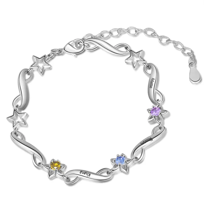 Personalized Star Bracelet With Birthstones Engraved Names Bracelet Gift For Women