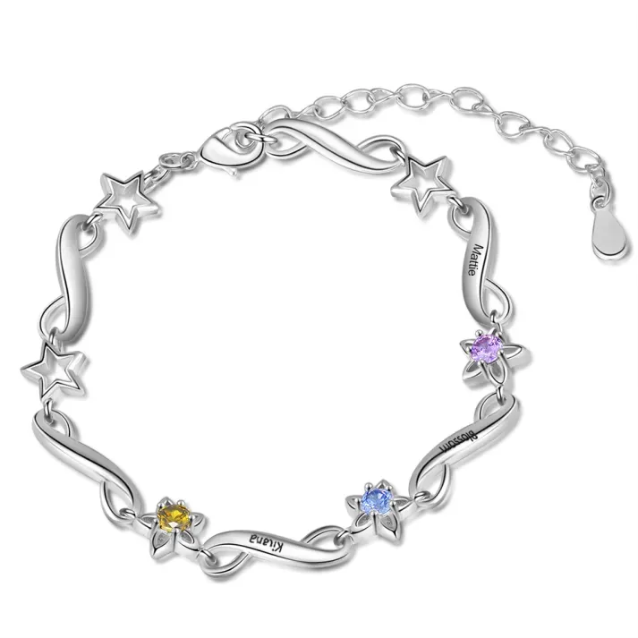 Personalized Star Bracelet With Birthstones Engraved Names Bracelet Gift For Women