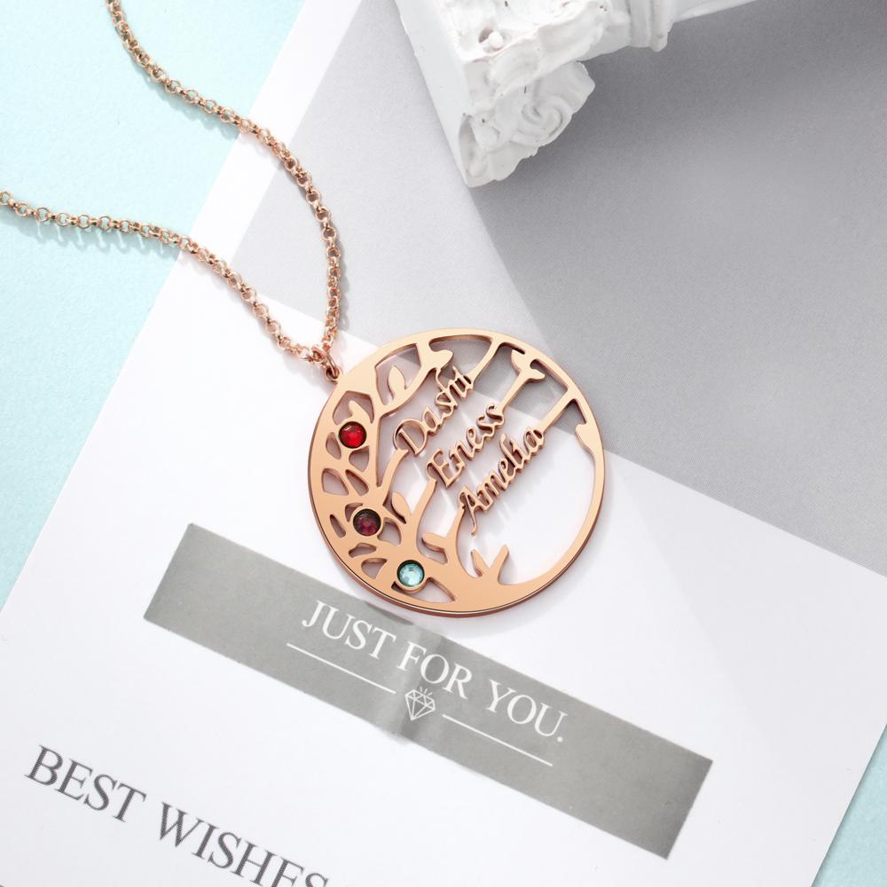 Family Tree Name Necklace with 3 Birthstones Custom 3 Names Personalized Tree Of Life Pendant