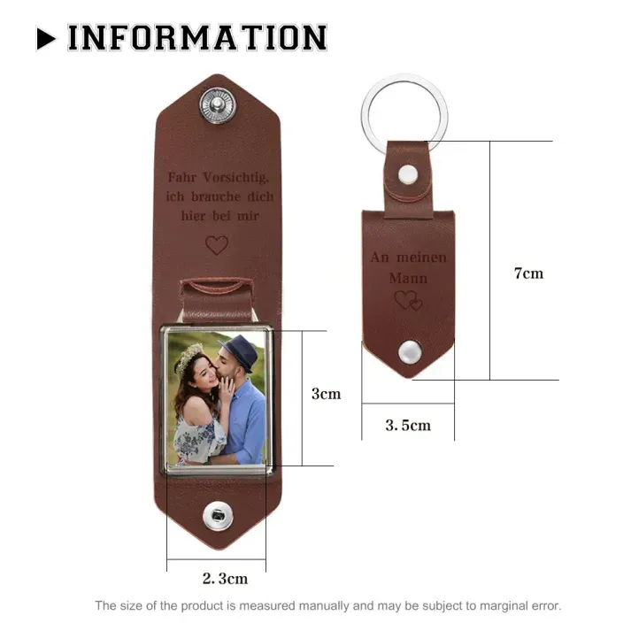 Personalized Photo Keychain Custom 2 Text and 1 Photo Leather Keychain