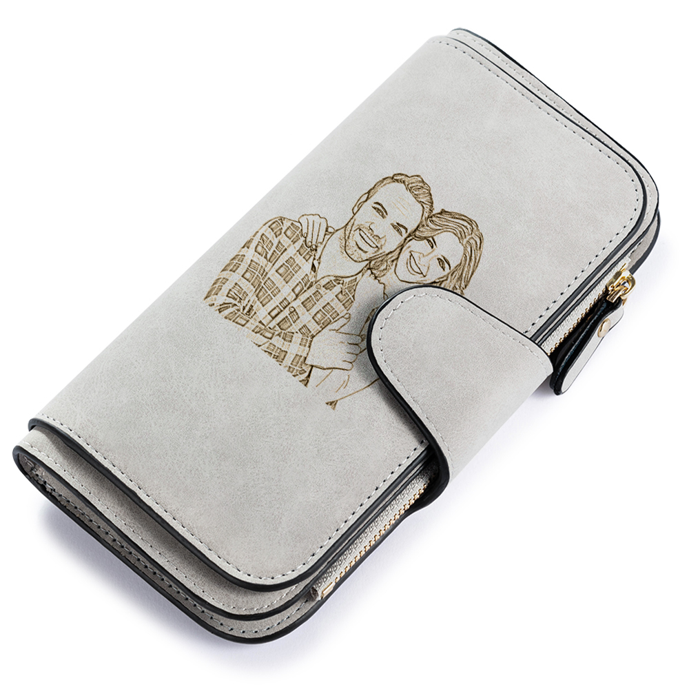 Long Style Photo Wallets Custom Inscription Photo Engraved Wallet Grey