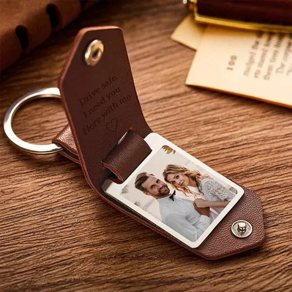 Personalized Photo Keychain Custom 2 Text and 1 Photo Leather Keychain