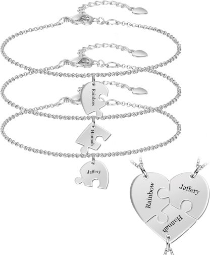 BAUMA AUTO Personalized Puzzle Piece Bracelet Set 2/3/4/5/6 Pcs for Family Love Best Friend Sterling Silver Custom Name Anklet Bracelet BFF Matching Heart Pendant Set