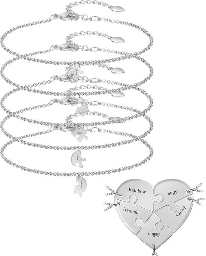 BAUMA AUTO Personalized Puzzle Piece Bracelet Set 2/3/4/5/6 Pcs for Family Love Best Friend Sterling Silver Custom Name Anklet Bracelet BFF Matching Heart Pendant Set