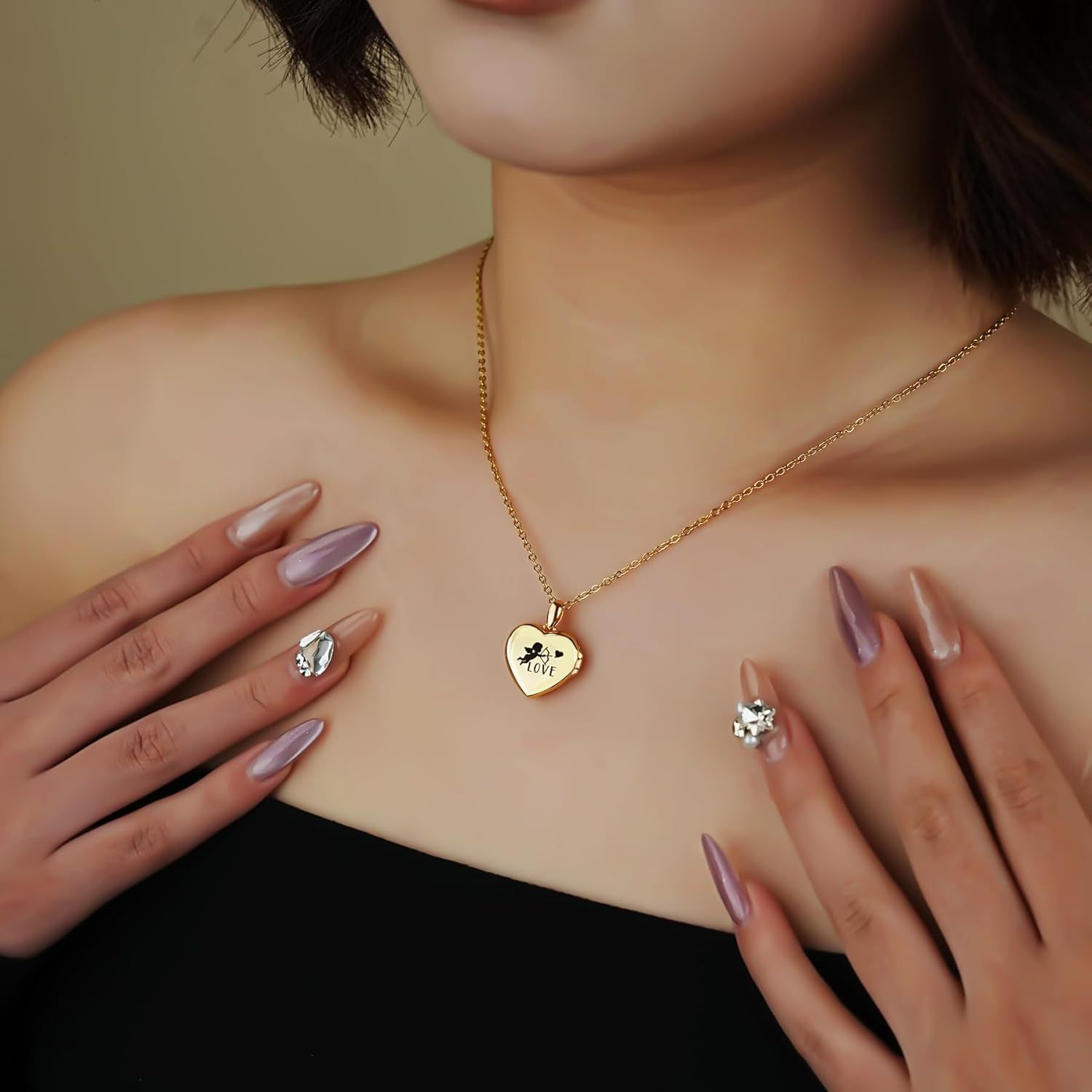 Personalized Heart Locket Necklace for Women Love God Cupid Necklace with Picture Inside