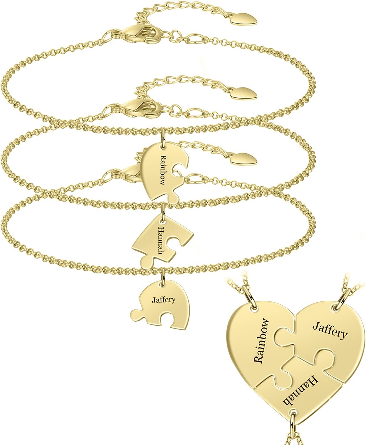 BAUMA AUTO Personalized Puzzle Piece Bracelet Set 2/3/4/5/6 Pcs for Family Love Best Friend Sterling Silver Custom Name Anklet Bracelet BFF Matching Heart Pendant Set