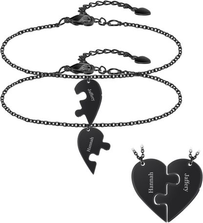 BAUMA AUTO Personalized Puzzle Piece Bracelet Set 2/3/4/5/6 Pcs for Family Love Best Friend Sterling Silver Custom Name Anklet Bracelet BFF Matching Heart Pendant Set