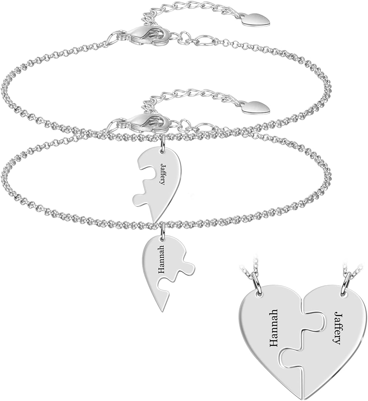 BAUMA AUTO Personalized Puzzle Piece Bracelet Set 2/3/4/5/6 Pcs for Family Love Best Friend Sterling Silver Custom Name Anklet Bracelet BFF Matching Heart Pendant Set
