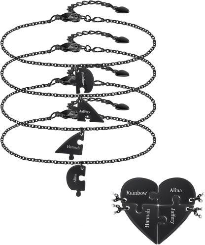 BAUMA AUTO Personalized Puzzle Piece Bracelet Set 2/3/4/5/6 Pcs for Family Love Best Friend Sterling Silver Custom Name Anklet Bracelet BFF Matching Heart Pendant Set