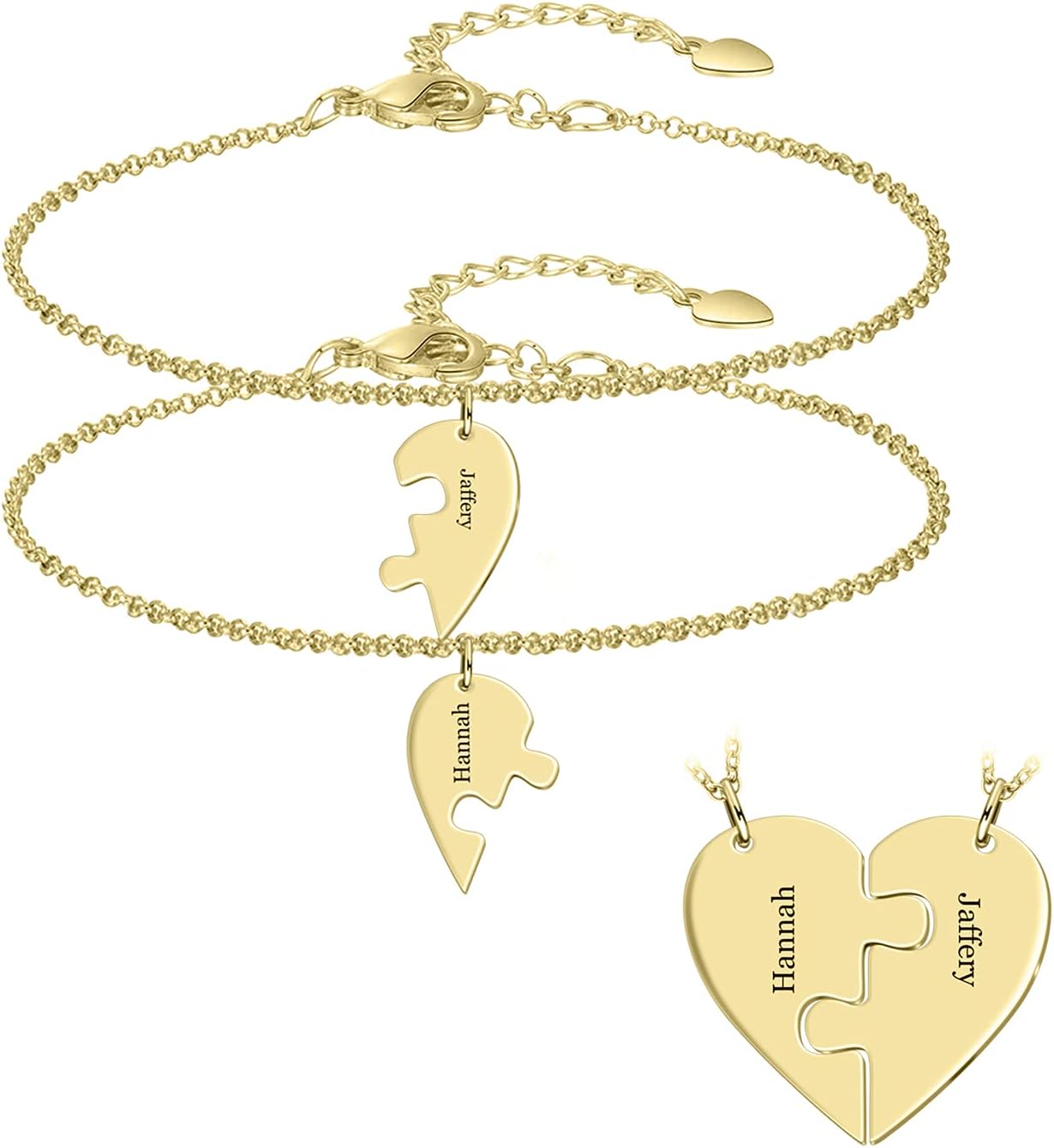 BAUMA AUTO Personalized Puzzle Piece Bracelet Set 2/3/4/5/6 Pcs for Family Love Best Friend Sterling Silver Custom Name Anklet Bracelet BFF Matching Heart Pendant Set