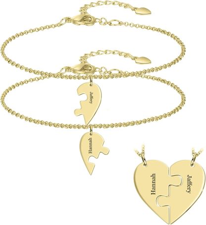 BAUMA AUTO Personalized Puzzle Piece Bracelet Set 2/3/4/5/6 Pcs for Family Love Best Friend Sterling Silver Custom Name Anklet Bracelet BFF Matching Heart Pendant Set