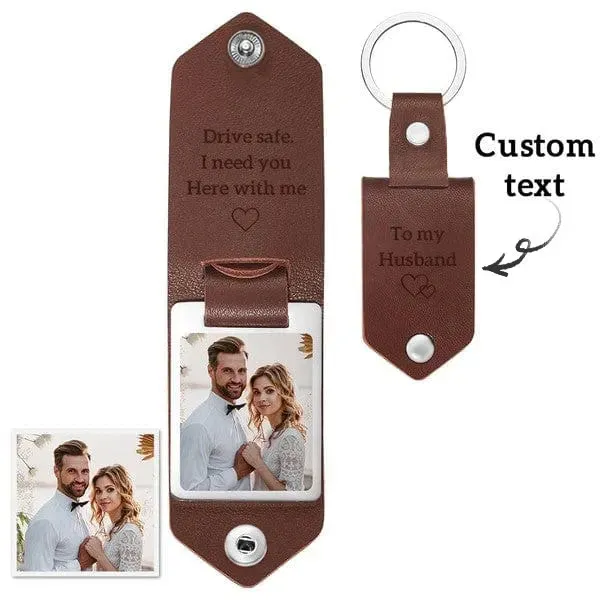 Personalized Photo Keychain Custom 2 Text and 1 Photo Leather Keychain