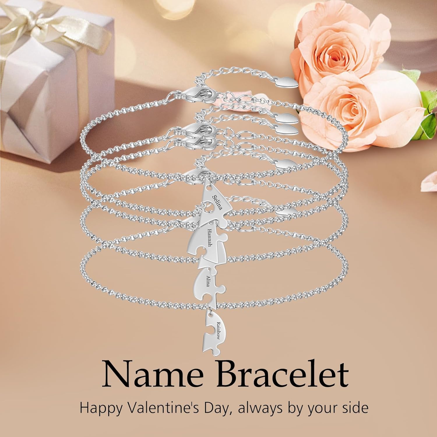BAUMA AUTO Personalized Puzzle Piece Bracelet Set 2/3/4/5/6 Pcs for Family Love Best Friend Sterling Silver Custom Name Anklet Bracelet BFF Matching Heart Pendant Set