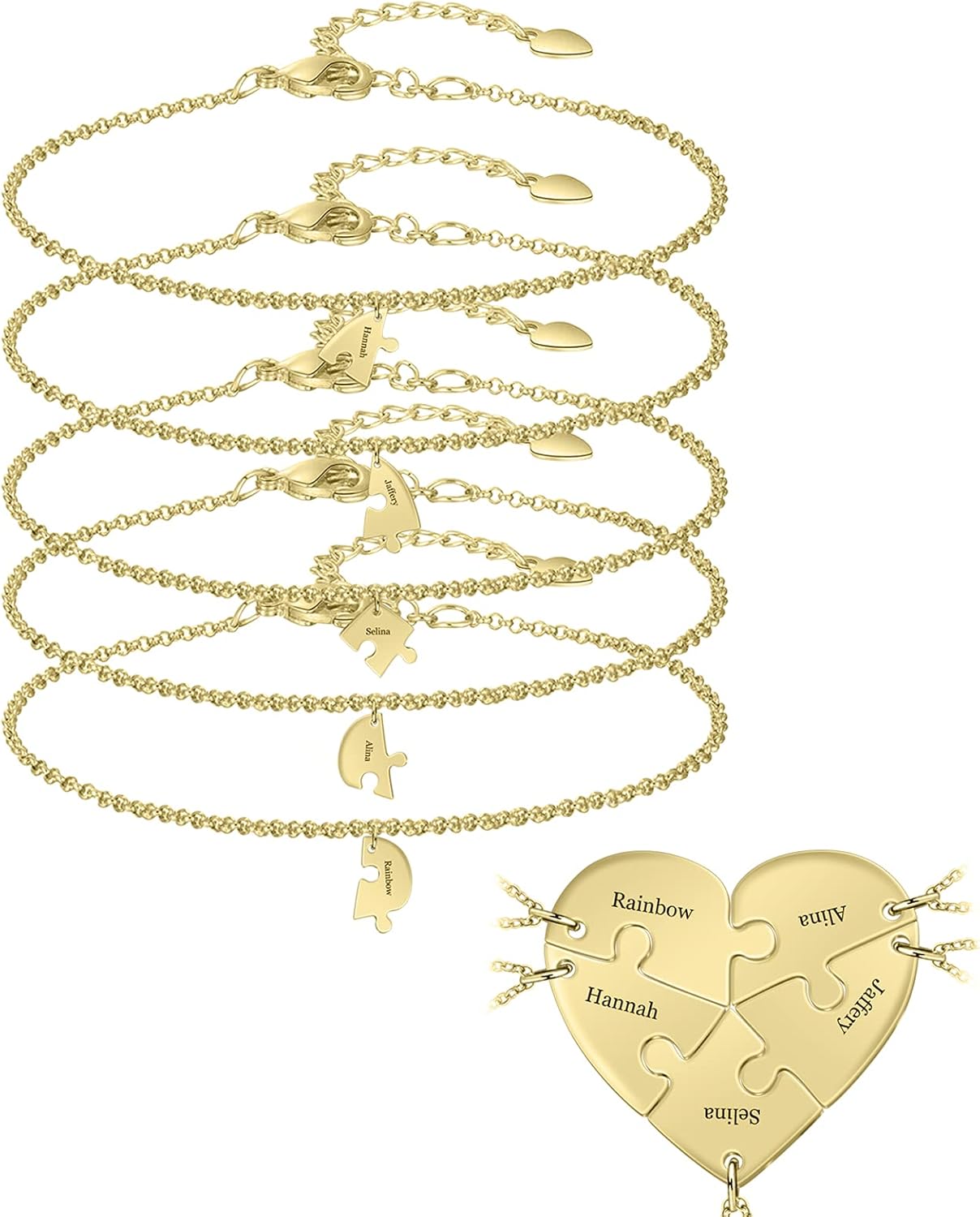 BAUMA AUTO Personalized Puzzle Piece Bracelet Set 2/3/4/5/6 Pcs for Family Love Best Friend Sterling Silver Custom Name Anklet Bracelet BFF Matching Heart Pendant Set