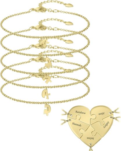 BAUMA AUTO Personalized Puzzle Piece Bracelet Set 2/3/4/5/6 Pcs for Family Love Best Friend Sterling Silver Custom Name Anklet Bracelet BFF Matching Heart Pendant Set
