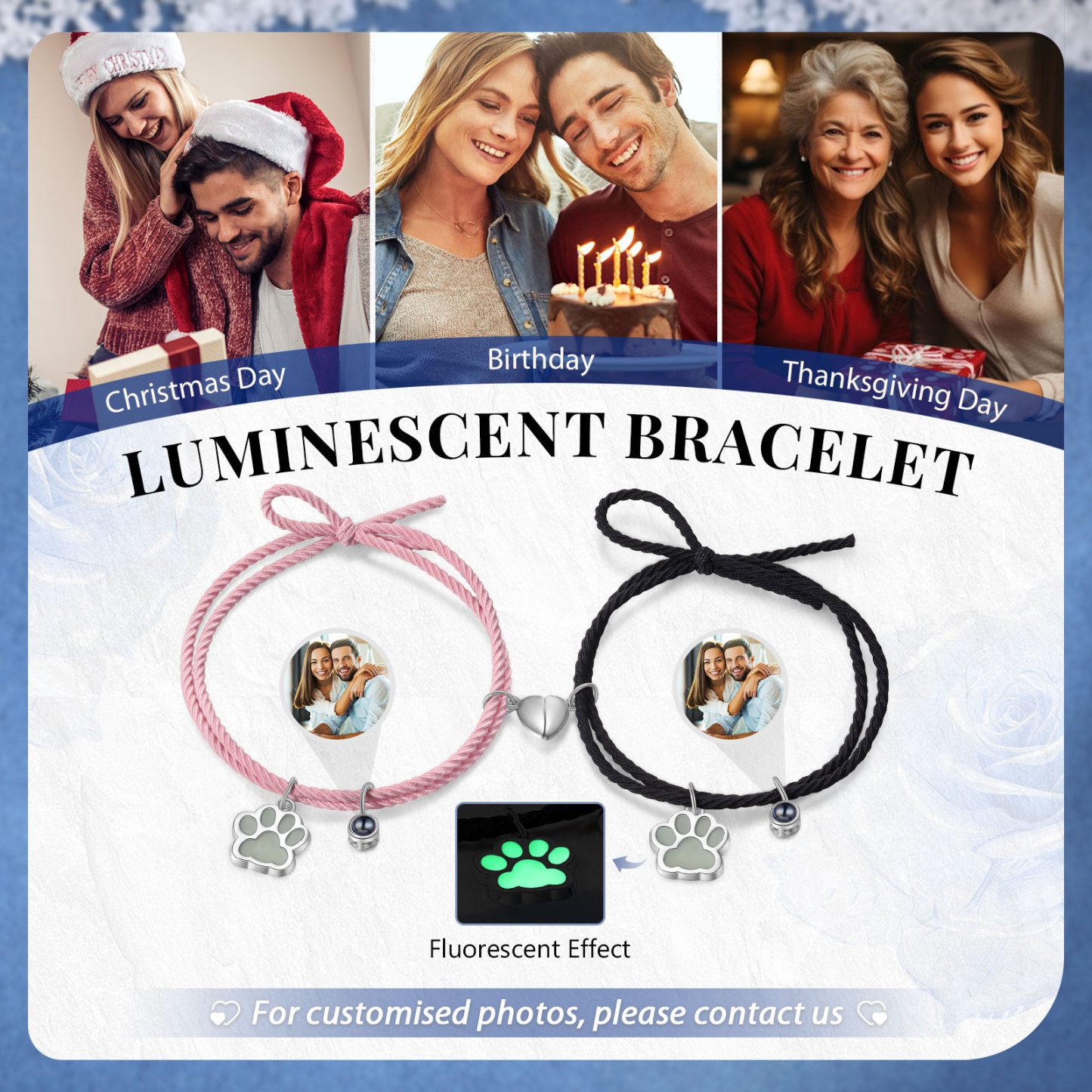 Personalized Photo Projection Bracelet Set Dog Paw Fluorescent Magnetic Bracelet Matching Gifts For Couples/Friends