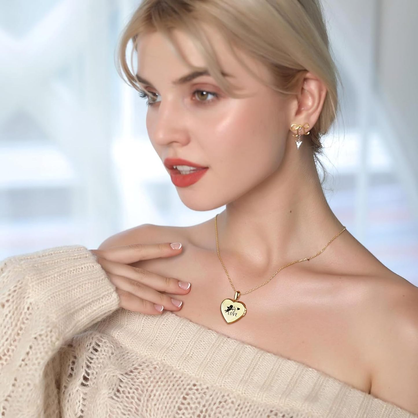 Personalized Heart Locket Necklace for Women Love God Cupid Necklace with Picture Inside
