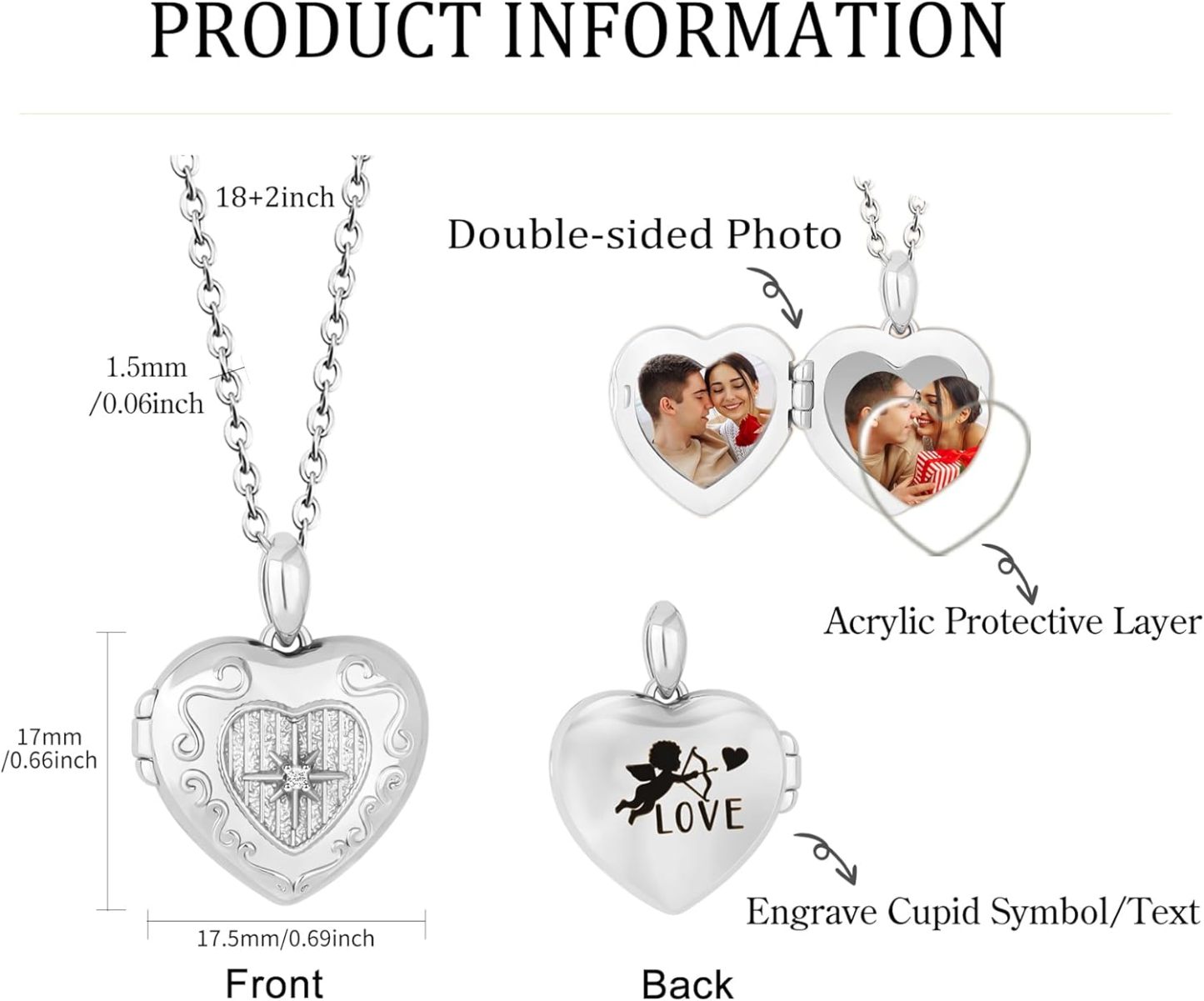 Personalized Heart Locket Necklace for Women Love God Cupid Necklace with Picture Inside