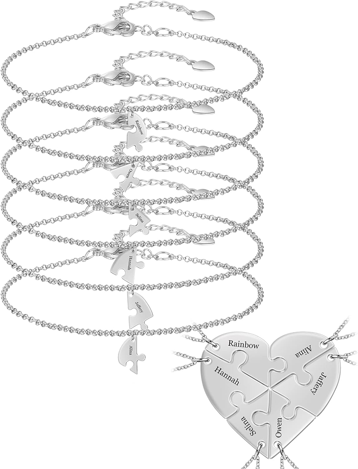 BAUMA AUTO Personalized Puzzle Piece Bracelet Set 2/3/4/5/6 Pcs for Family Love Best Friend Sterling Silver Custom Name Anklet Bracelet BFF Matching Heart Pendant Set