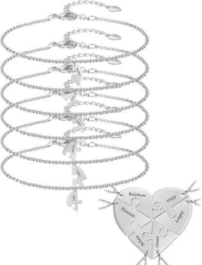 BAUMA AUTO Personalized Puzzle Piece Bracelet Set 2/3/4/5/6 Pcs for Family Love Best Friend Sterling Silver Custom Name Anklet Bracelet BFF Matching Heart Pendant Set