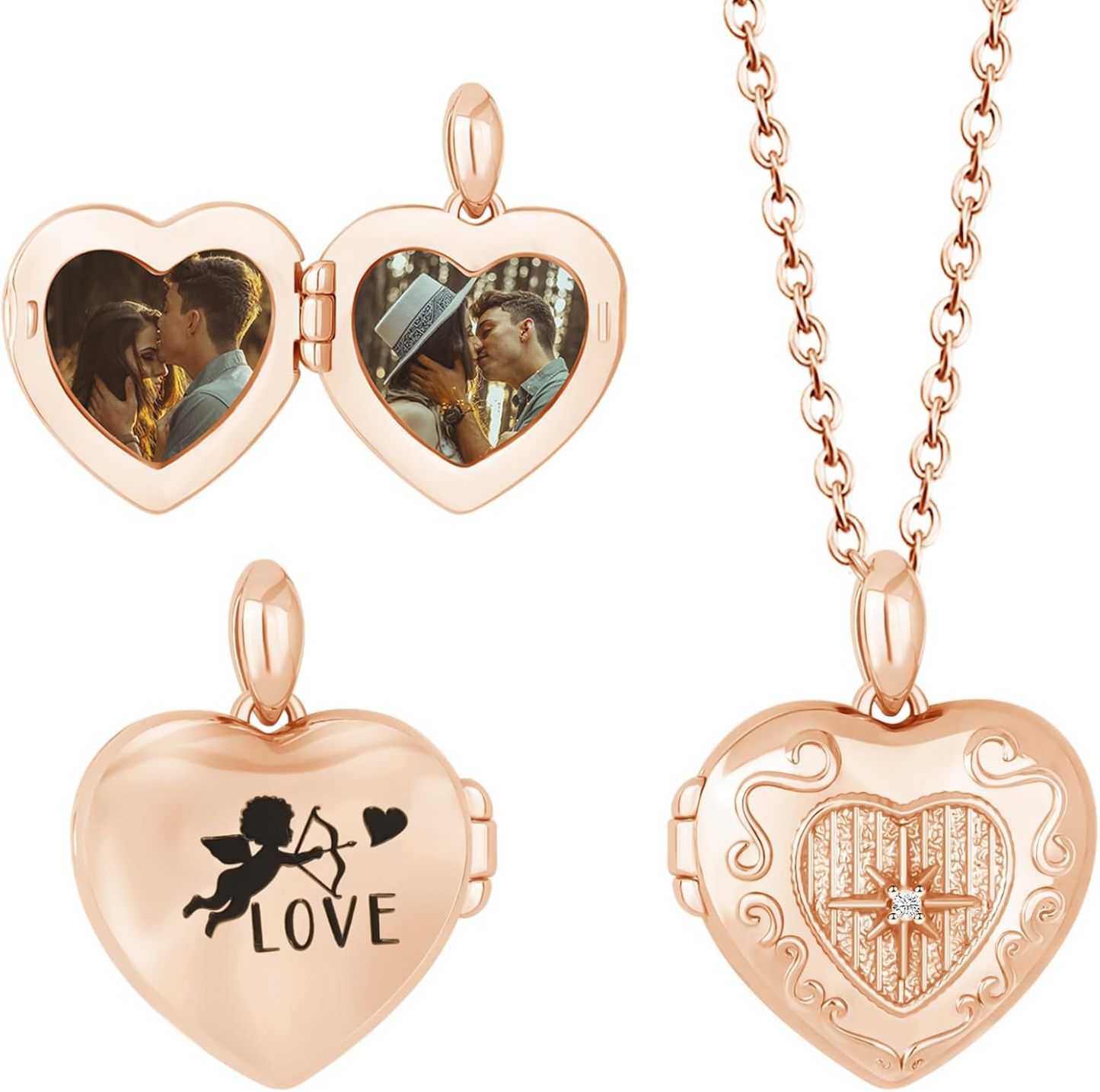 Personalized Heart Locket Necklace for Women Love God Cupid Necklace with Picture Inside