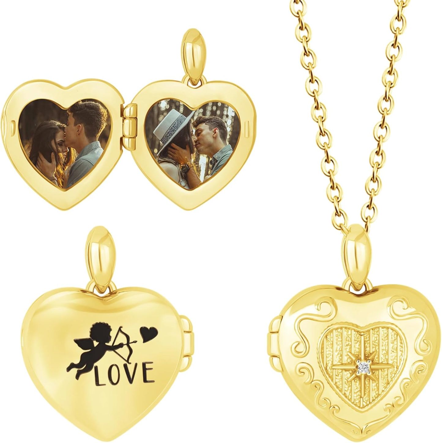 Personalized Heart Locket Necklace for Women Love God Cupid Necklace with Picture Inside