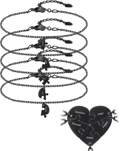 BAUMA AUTO Personalized Puzzle Piece Bracelet Set 2/3/4/5/6 Pcs for Family Love Best Friend Sterling Silver Custom Name Anklet Bracelet BFF Matching Heart Pendant Set