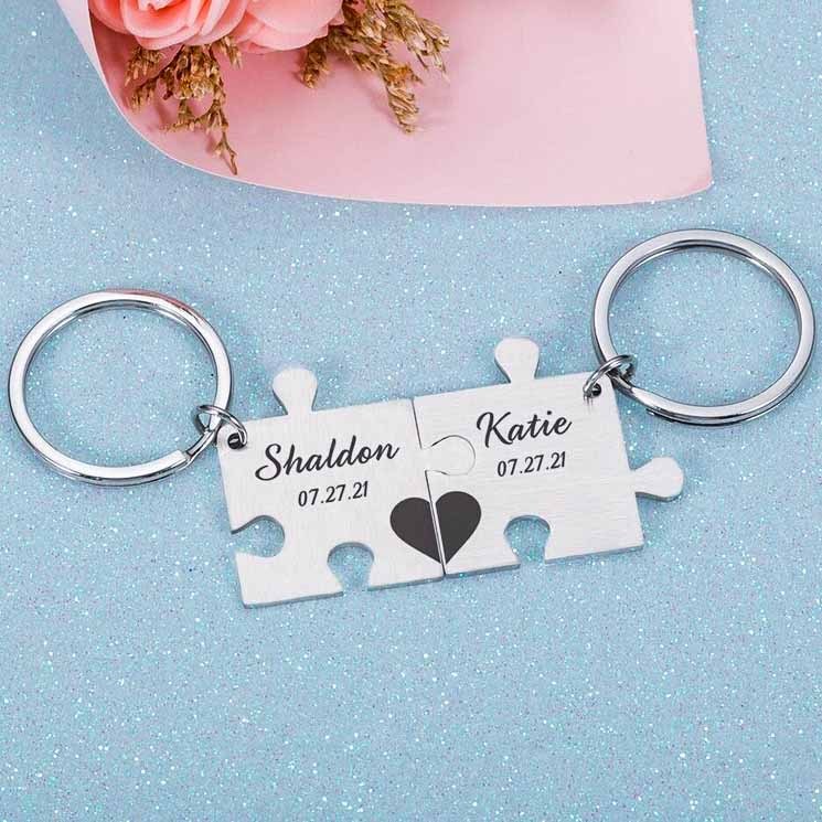 Puzzle Keychain Set Personalized 2 Names & Date Interlocking Keychain