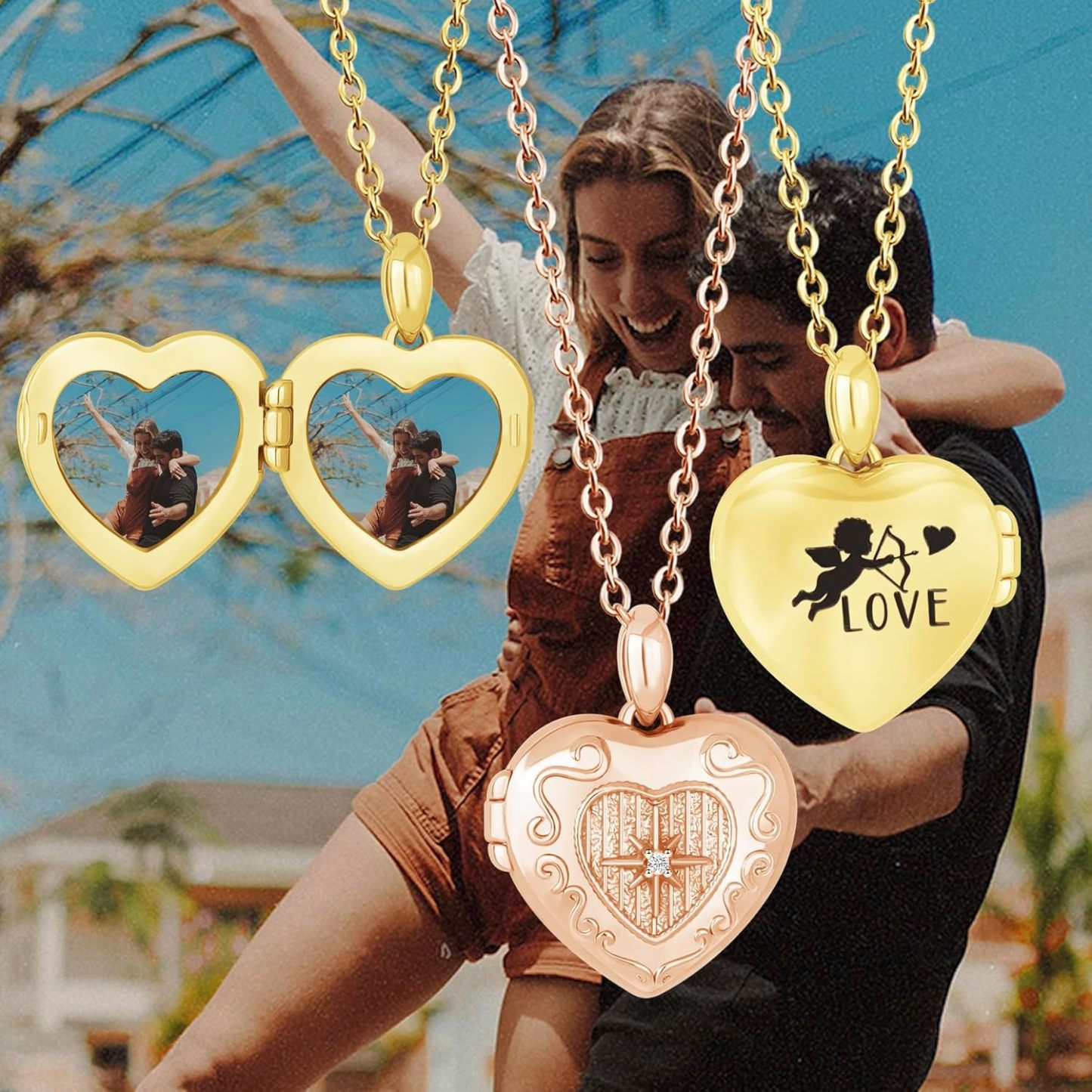 Personalized Heart Locket Necklace for Women Love God Cupid Necklace with Picture Inside