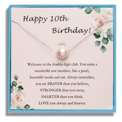 Sereney 10th Birthday Gifts for Girl Sterling Silver Pink Pearl Necklace as Gifts for 10 Year Old, Adjustable Length 10 Birthday Ideas for Teens Trendy 2025