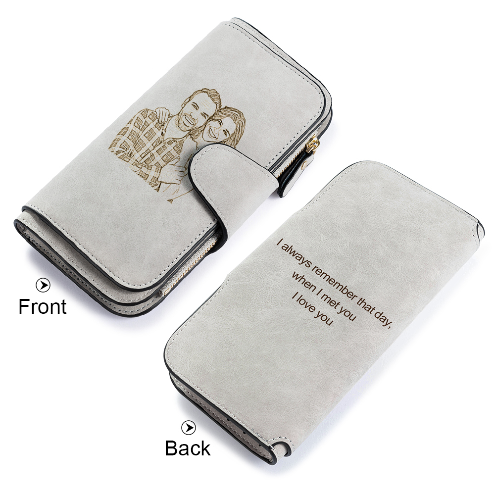 Long Style Photo Wallets Custom Inscription Photo Engraved Wallet Grey